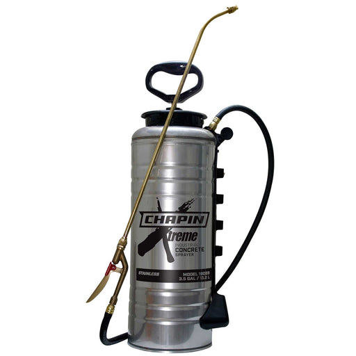 Chapin 19069 Chapin 3.5-Gallon Xtreme Stainless Steel Concrete Open Head Sprayer. Spray/Flow Rate (GPM): .4-.5 gpm. Hose Length: 48-inches. Applications: form oil, concrete additives