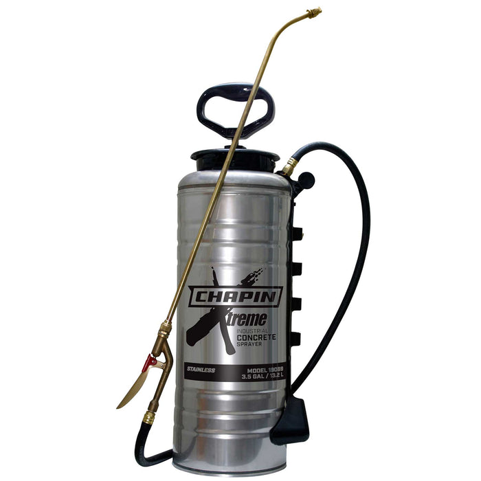 Chapin (772) 19069 Chapin 3.5-Gallon Xtreme Stainless Steel Concrete Open Head Sprayer. Spray/Flow Rate (GPM): .4-.5 gpm. Hose Length: 48-inches. Applications: form oil, concrete additives