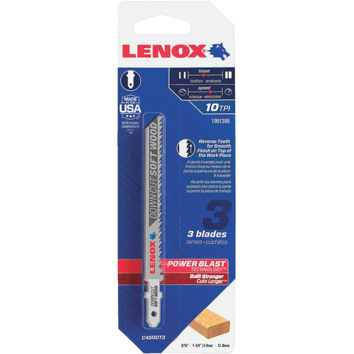 Lenox 1991386 Lenox T-shank 4 In. X 10 Tpi High Carbon Steel Jig Saw Blade, Downcut Soft Wood (3-pack)