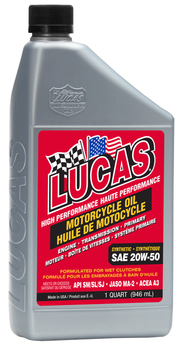 Lucas Oil (345) 20702 Synthetic SAE 20W-50 Motorcycle Oil, 1 Quart / 946 mL