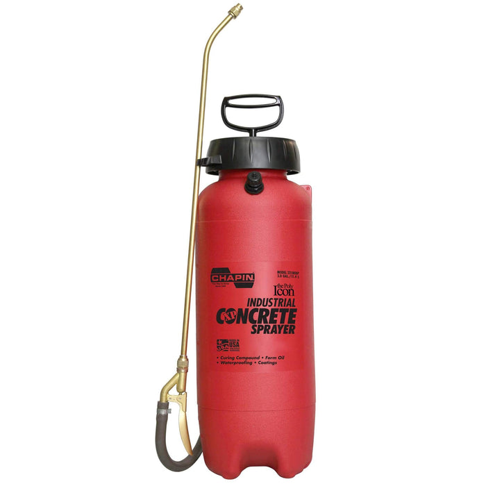 Chapin (772) 22180XP Chapin Industrial (XP) Poly w/ Chem Resistant Seals Concrete Sprayer - 3 Gal. Hose Length: 36-inches. Applications: form oil, concrete additives