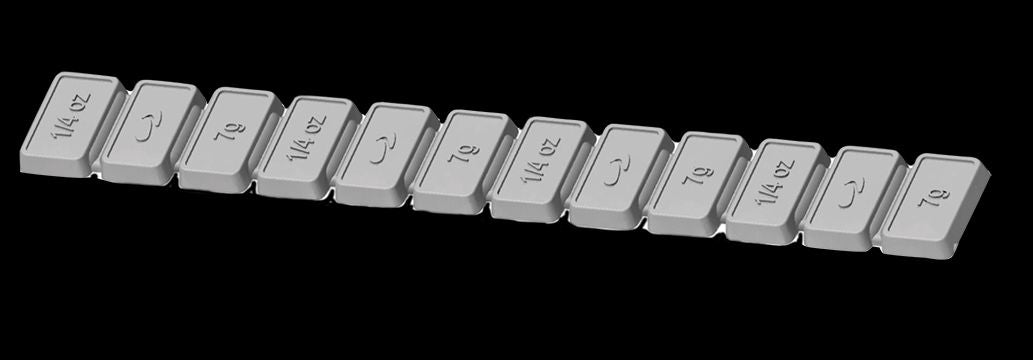 Plombco (750) 312-52CW StickPro™ Lead Adhesive wheel weights. 0.25 oz segments grouped in 3 oz strips, 52 strips per box, CW adhesive