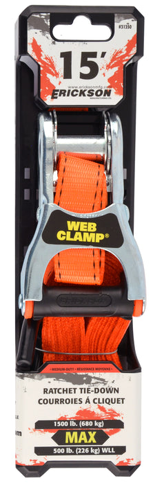Erickson 31350 1"x15' 1500 lb Ratchet Strap w/ Web Clamp