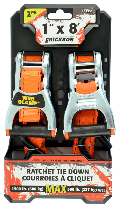Erickson 31351 2 Pk. 1"x8' 1500 lb Ratchet Strap w/ Web Clamp