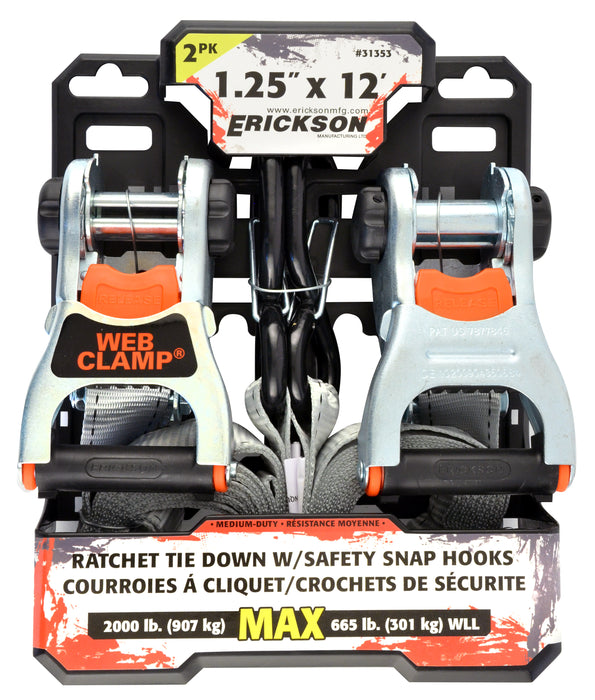 Erickson 31353 2 Pk. 1.25"x12' 2000 lb Deluxe Ratcheting Tie Downs Grey w/ Web Clamp & / Safety Snap Hks