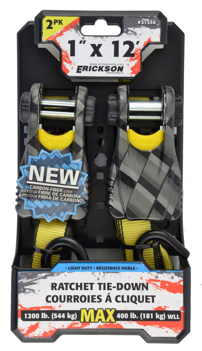 Erickson (447) 31354 2 Pk. 1"x12' 1200 lb Carbon Fiber Look Ratcheting Tie Down Straps