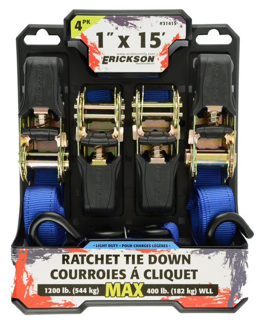 Erickson 31415 4 Pk. 1"x15' 1200 lb Ratcheting Tie Downs Blue