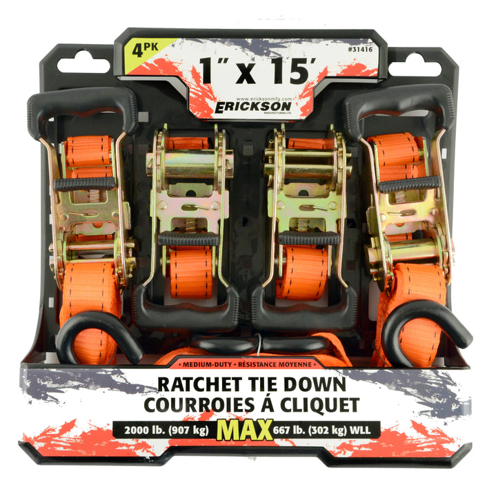 Erickson 31416 4 Pk. 1"x15' 2000 lb Ratcheting Tie Downs Orange