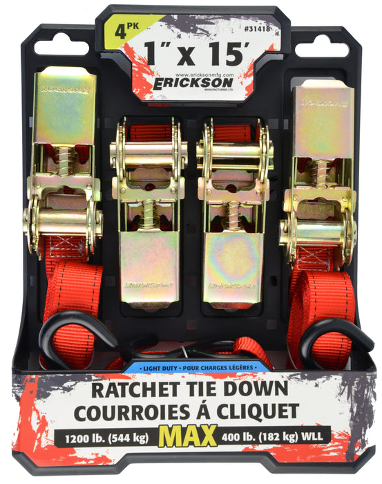 Erickson 31418 4 Pk. 1"x15' 1200 lb Ratcheting Tie Downs Red