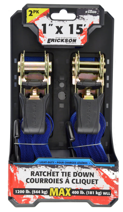 Erickson 34400 2 Pk. 1"x15' 1200 lb Ratcheting Tie Downs Blue