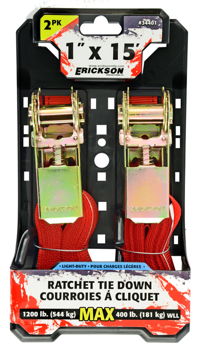 Erickson 34401 2 Pk. 1"x15' 1200 lb Ratcheting Tie Downs Red