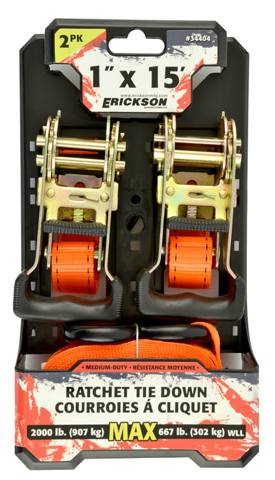 Erickson (447) 34404 2 Pk. 1"x15' 2000 lb Ratcheting Tie Downs Orange