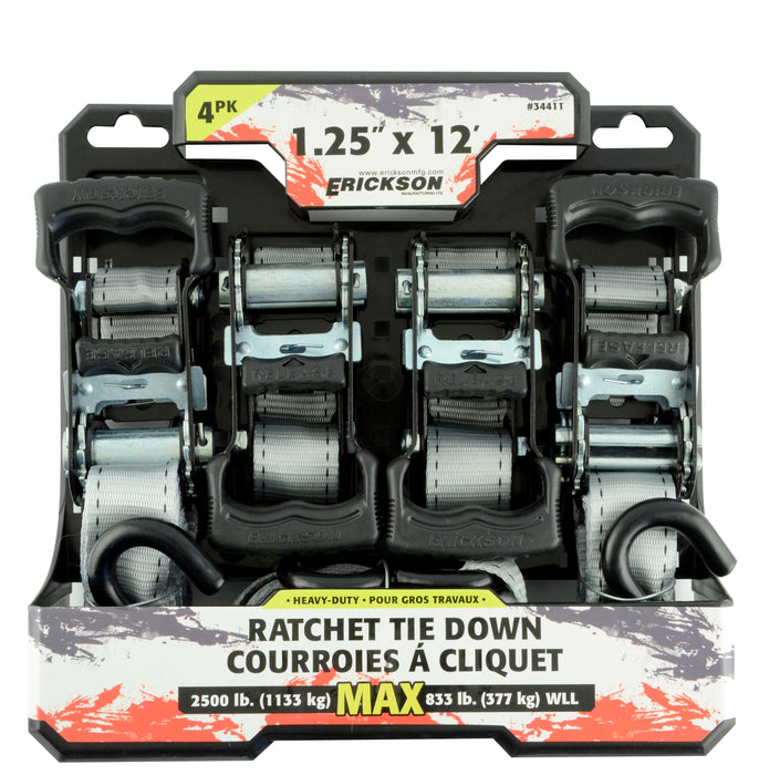 Erickson (447) 34411 4 Pk. 1.25"x12' 2500 lb HD Ratcheting Tie Downs Grey