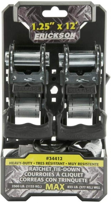 Erickson 34412 2 Pk. 1.25"x12' 2500 lb HD Ratcheting Tie Downs Grey