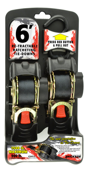 Erickson (447) 34413 2 Pk. 1"x6' 1500 lb Re-Tractable Ratchet Tie Downs Black