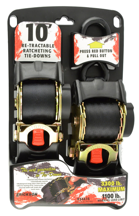 Erickson 34416 2 Pk. 2"x10' 3300 lb Re-Tractable Ratchet Tie Downs Black
