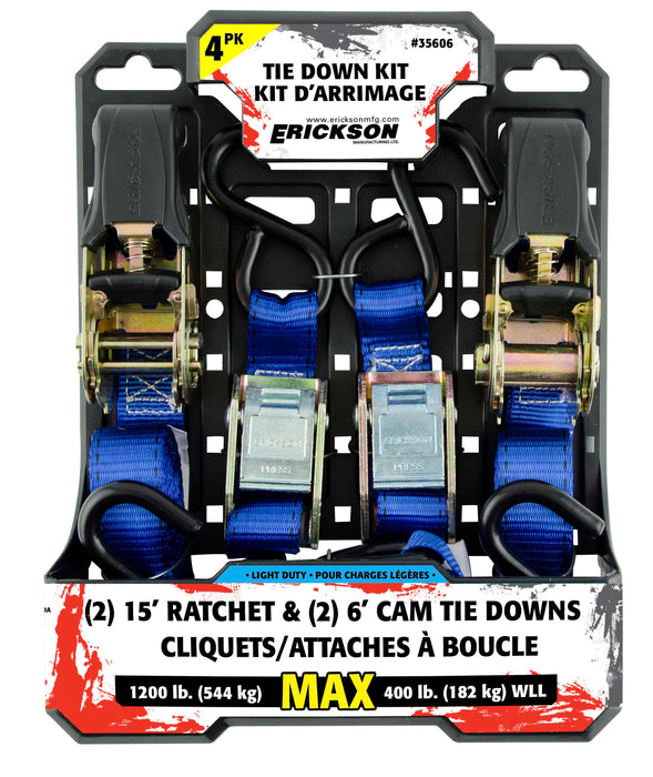 Erickson (447) 35606 4 Pk. Combo Pack (2) 1"x15' 1200lb Ratchet (2) 1"x6' 1200 lb Cam Straps