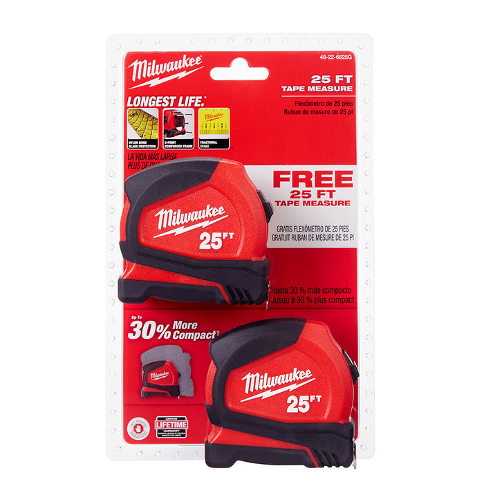 Milwaukee 48-22-6625G Milwaukee Compact Tape Measures 25ft (2-pack) - Milwaukee 48-22-6625G