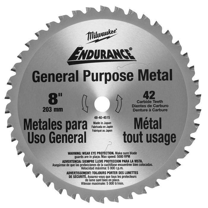 Milwaukee 48-40-4515 Circular Saw Blade 8" 42 Tooth Dry Cut Cermet Tipped