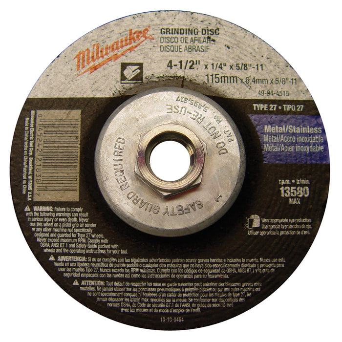 Milwaukee (366) 49-94-4515 4-1/2" x 1/4" x 5/8-11" Grinding Wheel (Type 27)
