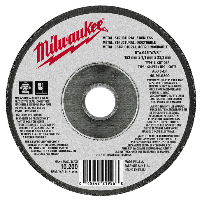 Milwaukee (366) 49-94-6300 6" x .045" x 7/8" Cut-Off Wheel (Type 1)