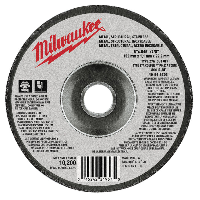 Milwaukee (366) 49-94-6305 6" x .045" x 7/8" Cut-Off Wheel (Type 27)