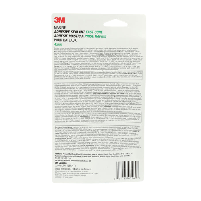 3M 05260 3M™ Marine Adhesive Sealant Fast Cure, 4200FC, white, 2.97 fl oz (88 mL), Colour: White, 3M Stock No. 7000149601