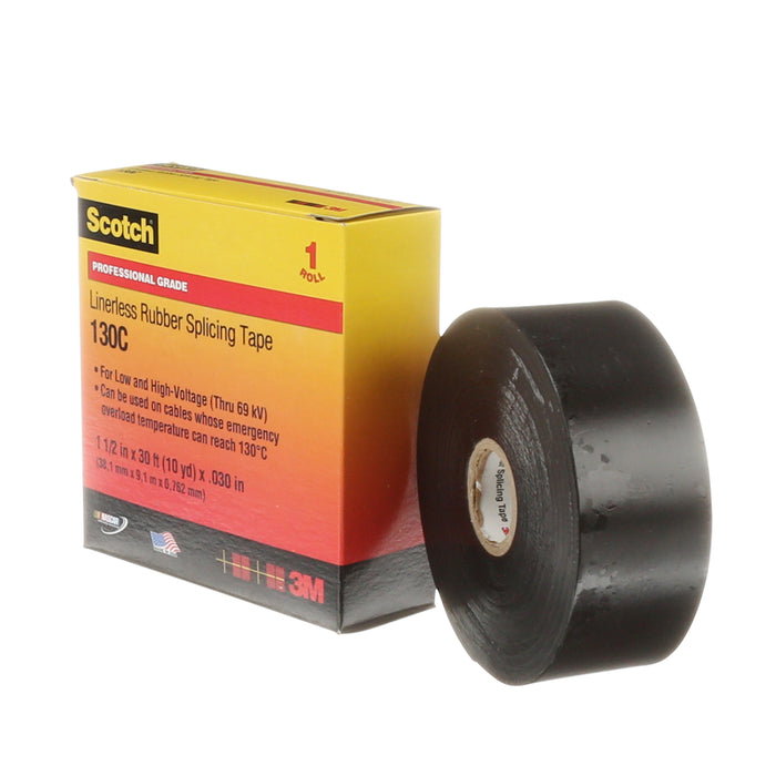 3M (815) 130C-1-1/2X30 Scotch® Linerless Rubber Splicing Tape, 130C, black, 30 mil (0.76 mm), 1 1/2 in x 30 ft (38.1 mm x 9.1 m), professional grade, Colour: Black, 3M Stock No. 7000006086