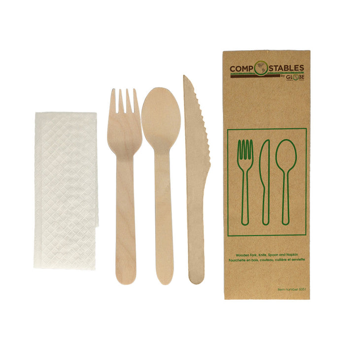 Globe (613) 6051 Compostable Wooden Cutlery - 6.5" Knife, Fork, Spoon and Napkin in Paper Bag, Pack of 50