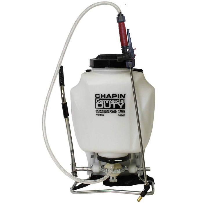 Chapin (772) 63900 Chapin Commercial JetClean™ Backpack Sprayer Dual Displacement - 4-Gallon (15-Liter). Hose Length: 48 in (122 cm). Applications: fertilizing, weed and pest control, fungus control, general purpose cleaning