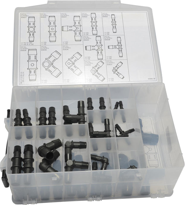 Continental 65660 Heater Hose Connector Kit/Assortment - Kit contains 2 each of the following in a plastic case: 65620 1/4˝ Straight, 65622 3/8˝ Straight, 65623 1/2˝ Straight, 65624 5/8˝ Straight, 65625 3/4˝ Straight, 65627 1/2˝ - 3/8˝ Reducer,