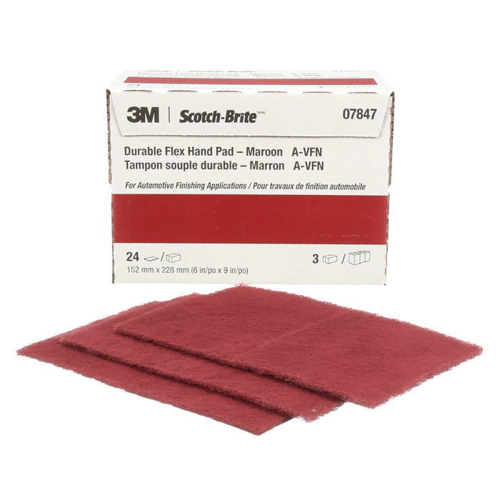 3M 07847 Scotch-Brite™ Durable Flex Hand Pad, 7847, maroon, 9 in x 4-1/2 in (22.86 cm x 11.43 cm), Colour: Maroon, 3M Stock No. 7000136587