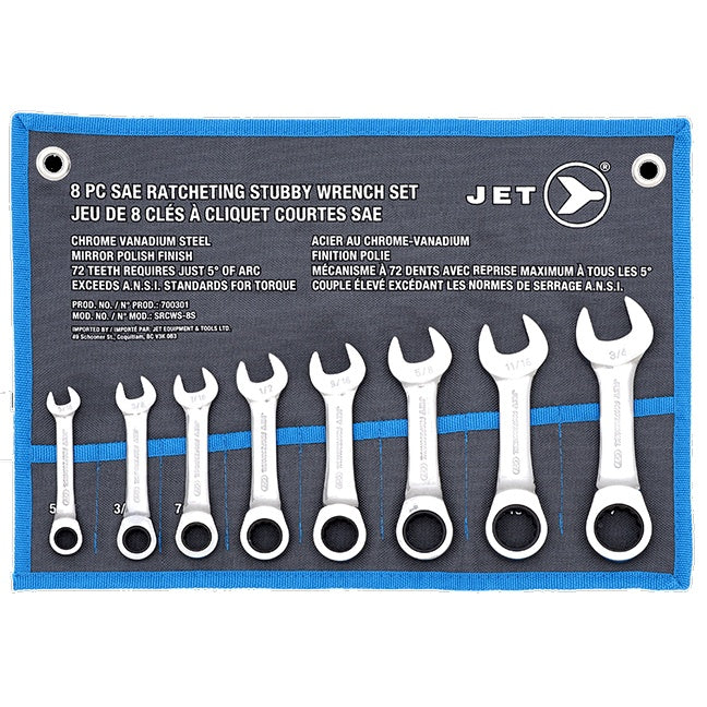 SureWerx (545) 700301 JET SRCWS-8S 8-PC SAE RATCHETING STUBBY WRENCH SET