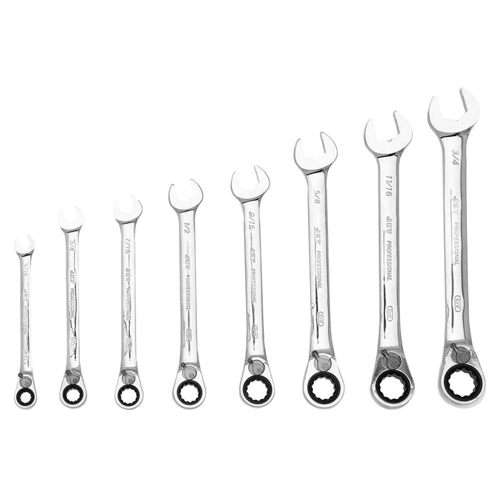 SureWerx (545) 700321 JET 8 PC Long SAE Reversible Ratcheting Combination Wrench Set - Model Number RCWS-8SR,