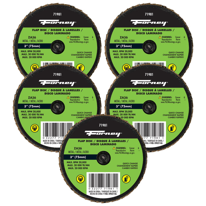 Forney 71615 Quick Change Flap Disc, 36 Grit, 3 in (5-Pack of Forney 71981)