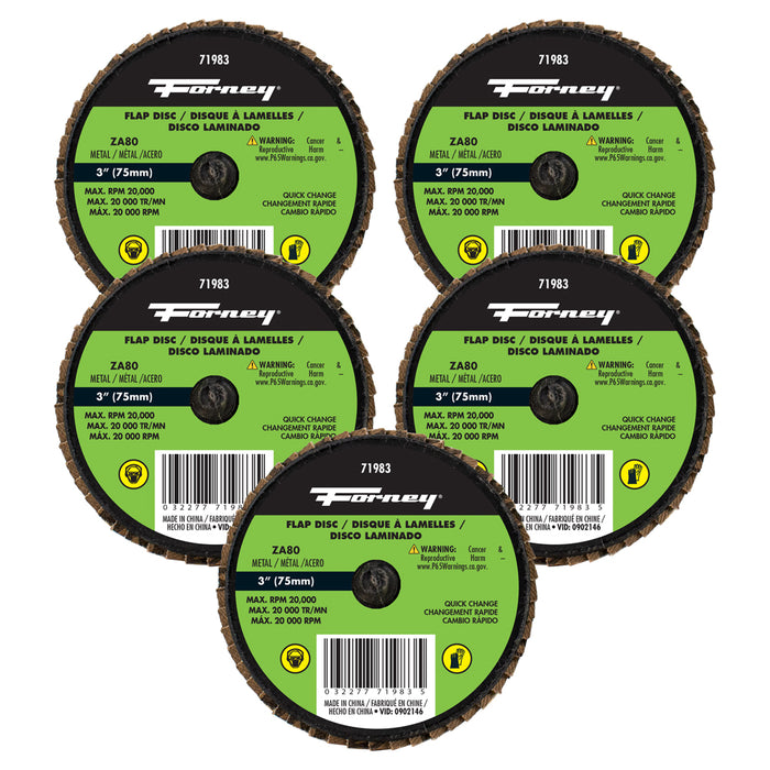 Forney 71616 Quick Change Flap Disc, 80 Grit, 3 in (5-Pack of Forney 71983)