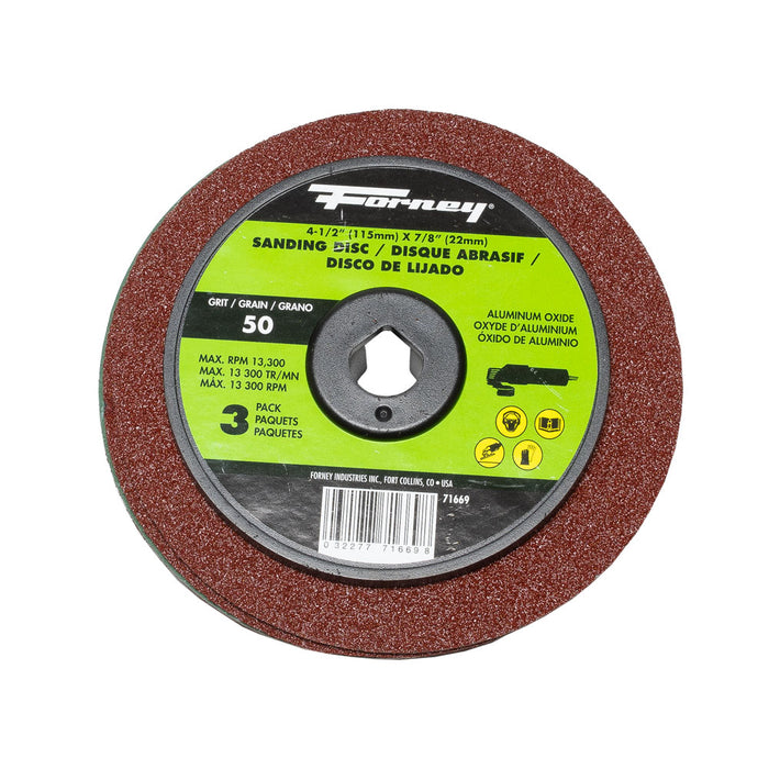 Forney 71669 Resin Fibre Sanding Disc, Aluminum Oxide, 4-1/2 in x 7/8 in Arbor, 50 Grit