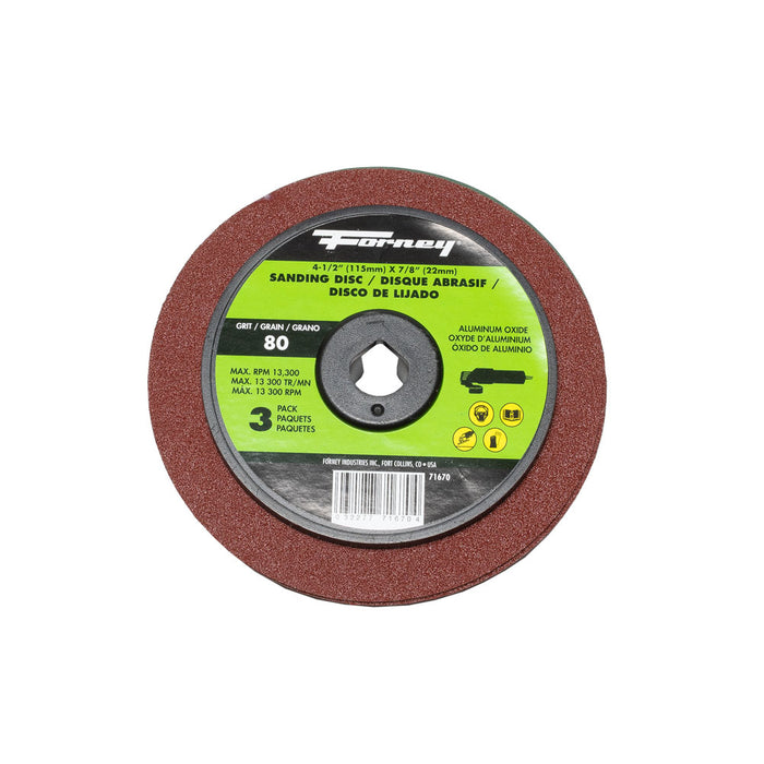 Forney 71670 Resin Fibre Sanding Disc, Aluminum Oxide, 4-1/2 in x 7/8 in Arbor, 80 Grit