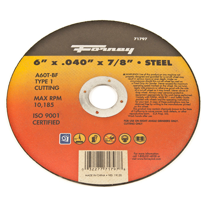 Forney (332) 71797 Cut-Off Wheel, Metal, Type 1, 6 in x .040 in x 7/8 in