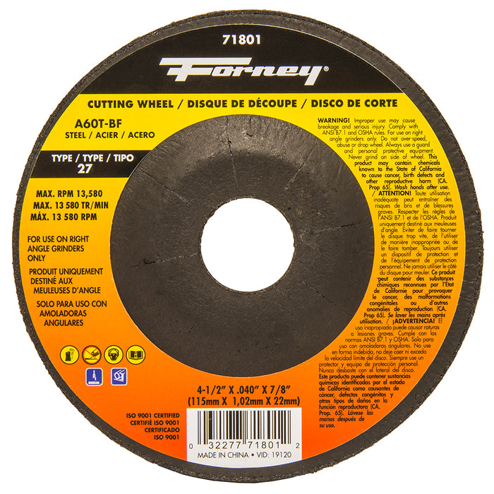 Forney (332) 71801 Cut-Off Wheel, Metal, Type 27, 4-1/2 in x .040 in x 7/8 in