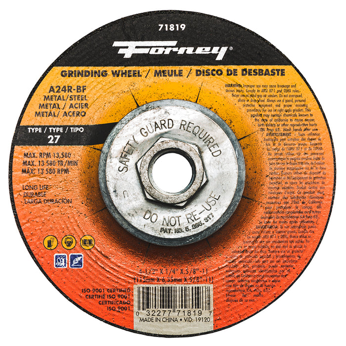Forney (332) 71819 Grinding Wheel, Metal, Type 27, 4-1/2 in x 1/4 in x 5/8 in-11