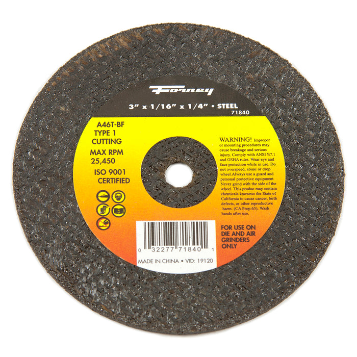 Forney (332) 71840 Cut-Off Wheel, Metal, Type 1, 3 in x 1/16 in x 1/4 in