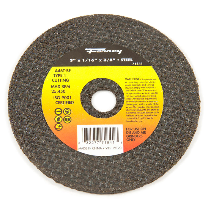 Forney (332) 71841 Cut-Off Wheel, Metal, Type 1, 3 in x 1/16 in x 3/8 in