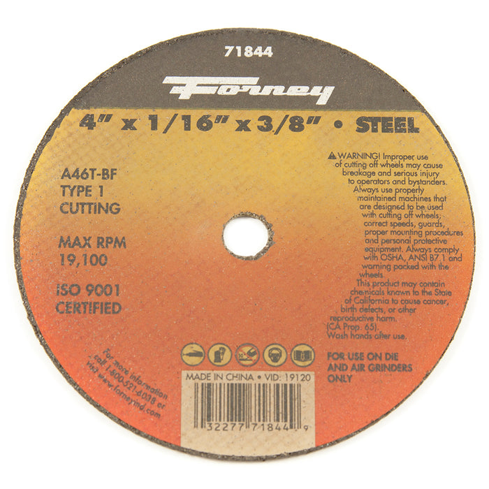 Forney (332) 71844 Cut-Off Wheel, Metal, Type 1, 4 in x 1/16 in x 3/8 in