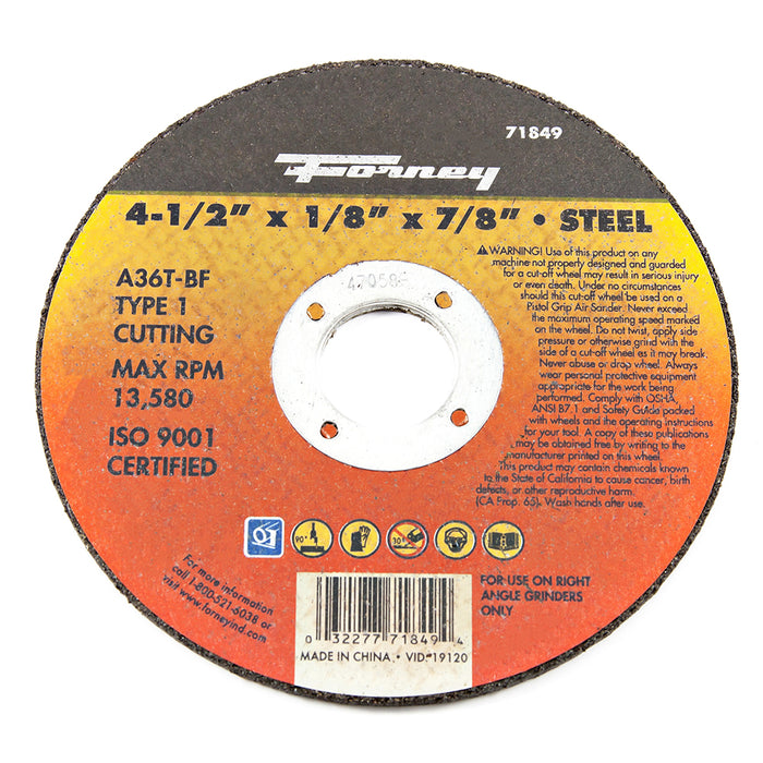 Forney (332) 71849 Cut-Off Wheel, Metal, Type 1, 4-1/2 in x 1/8 in x 7/8 in