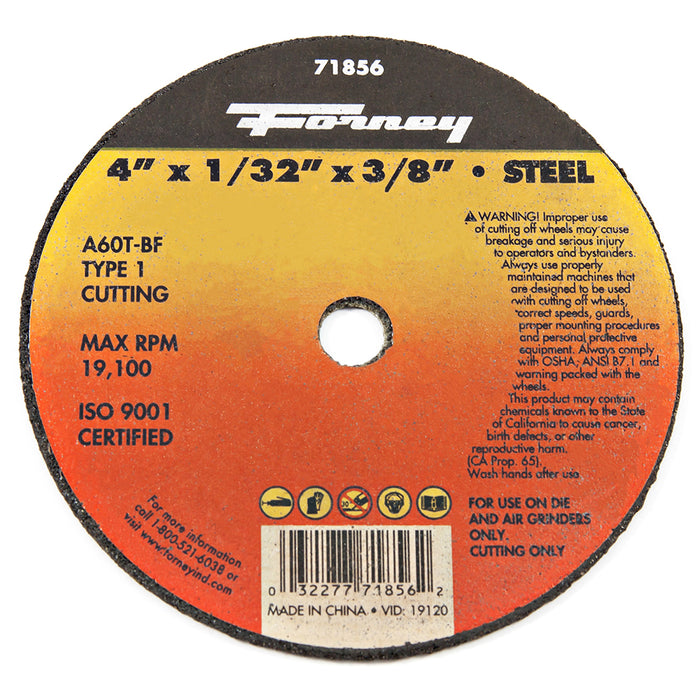 Forney (332) 71856 Cut-Off Wheel, Metal, Type 1, 4 in x 1/32 in x 3/8 in