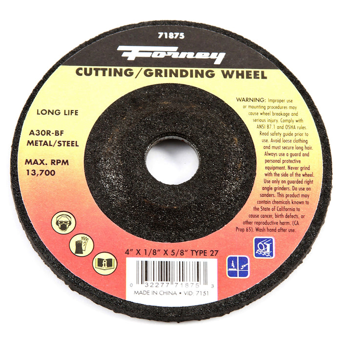 Forney (332) 71875 Grinding Wheel, Metal, Type 27, 4 in x 1/8 in x 5/8 in