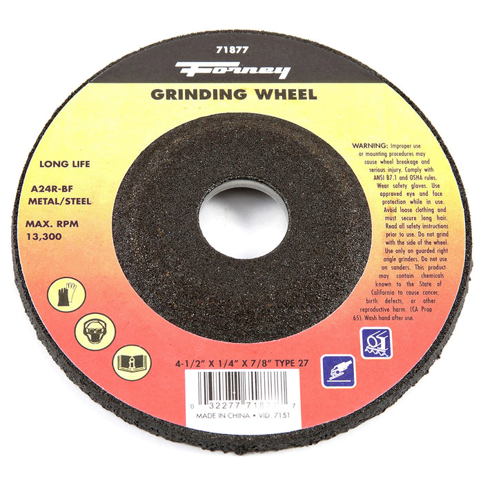 Forney (332) 71877 Grinding Wheel, Metal, Type 27, 4-1/2 in x 1/4 in x 7/8 in