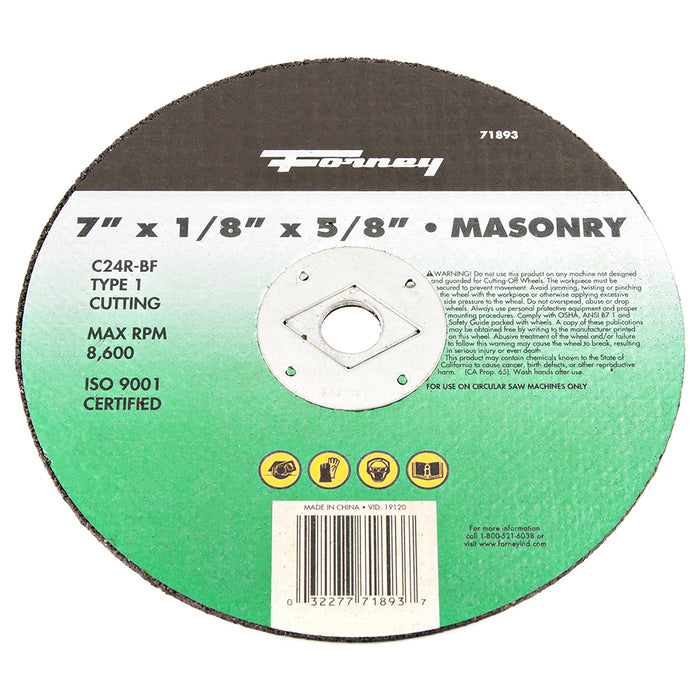 Forney (332) 71893 Cutting Wheel, Masonry, Type 1, 7 in x 1/8 in x 5/8 in