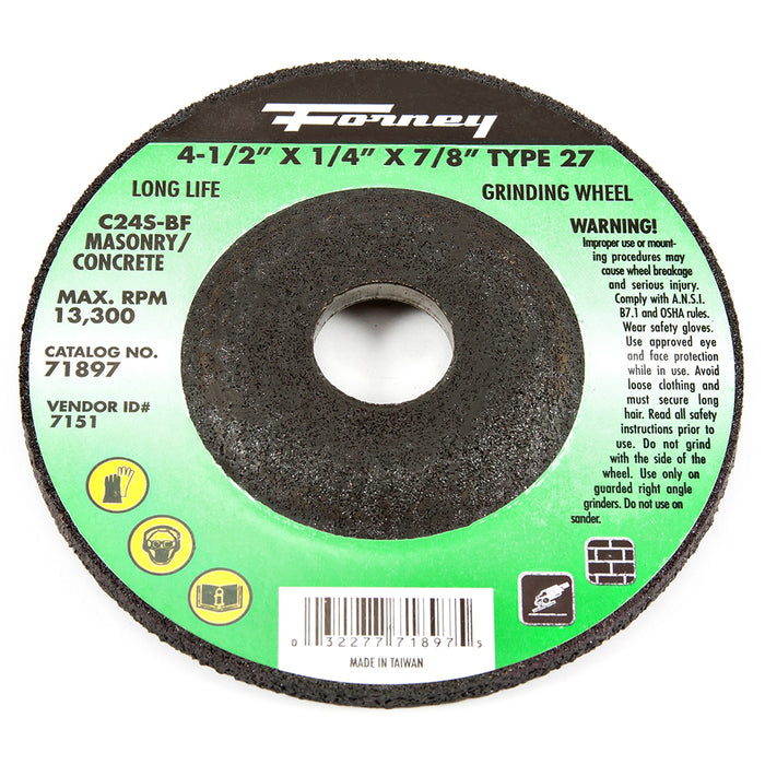 Forney (332) 71897 Grinding Wheel, Masonry, Type 27, 4-1/2 in x 1/4 in x 7/8 in